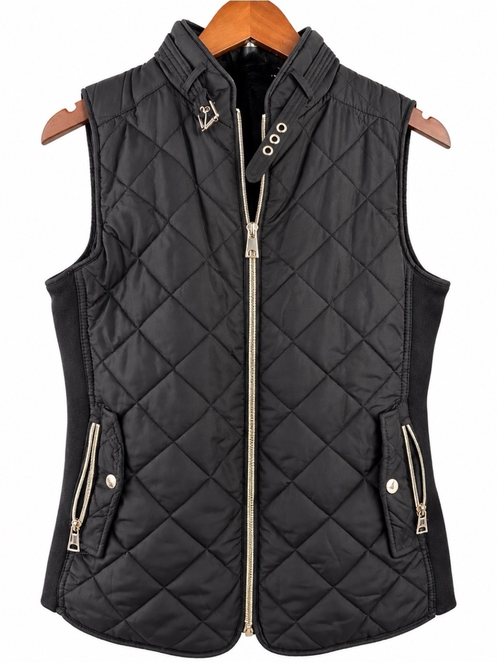B Collection Black Quilted Vest Faux Fur Lined Zip Pockets